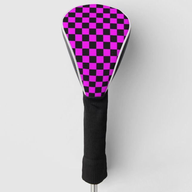 Black + Pink Check Checkered Checkerboard Pattern Golf Head Cover (Front)