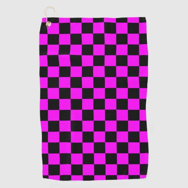 Black + Pink Check Checkered Checkerboard Pattern Golf Towel (Front)