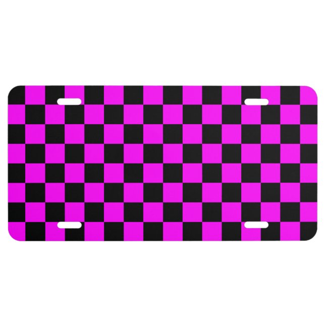 Black + Pink Check Checkered Checkerboard Pattern License Plate (Front)