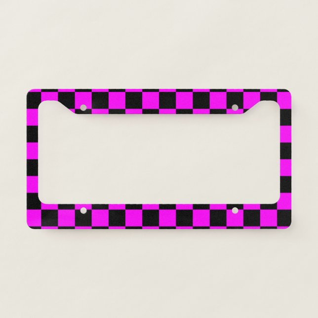 Black + Pink Check Checkered Checkerboard Pattern License Plate Frame (Front)
