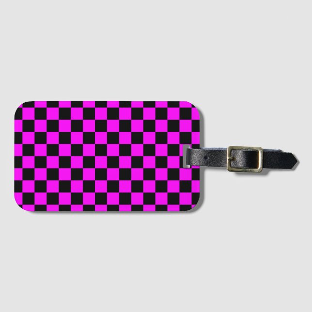 Black + Pink Check Checkered Checkerboard Pattern Luggage Tag (Front Horizontal)