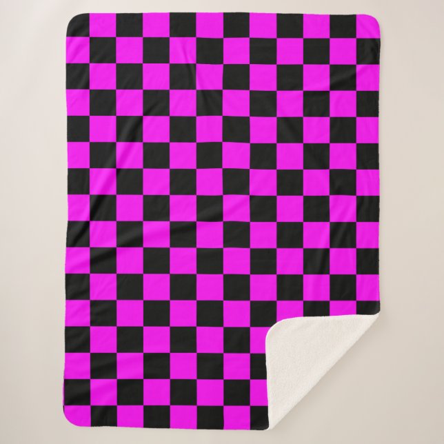Black + Pink Check Checkered Checkerboard Pattern Sherpa Blanket (Front)