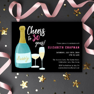 Black Pink Cheers to 30 years bubbly 30th birthday Invitation