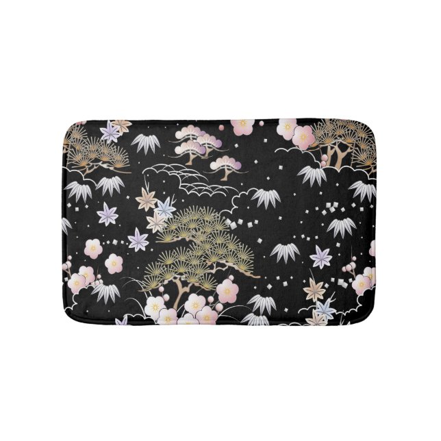 Black Pink Cherry Blossom Elegant Floral Pattern Bath Mat (Front)