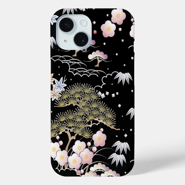 Black Pink Cherry Blossom Elegant Floral Pattern Case-Mate iPhone Case (Back)