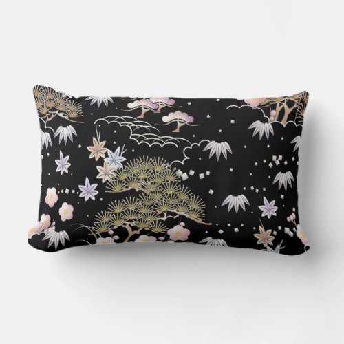 Black Pink Cherry Blossom Elegant Floral Pattern Lumbar Pillow