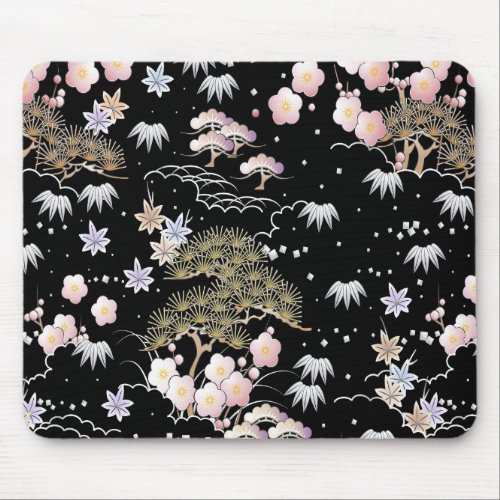Black Pink Cherry Blossom Elegant Floral Pattern Mouse Pad