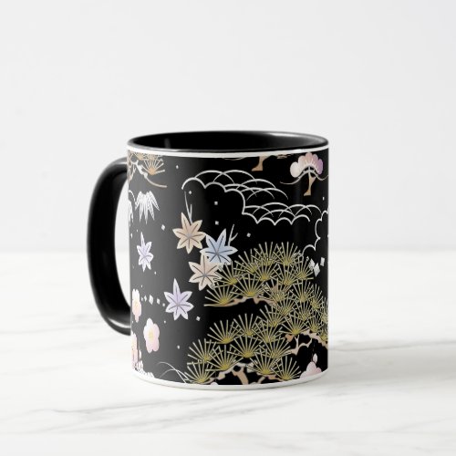 Black Pink Cherry Blossom Elegant Floral Pattern Mug