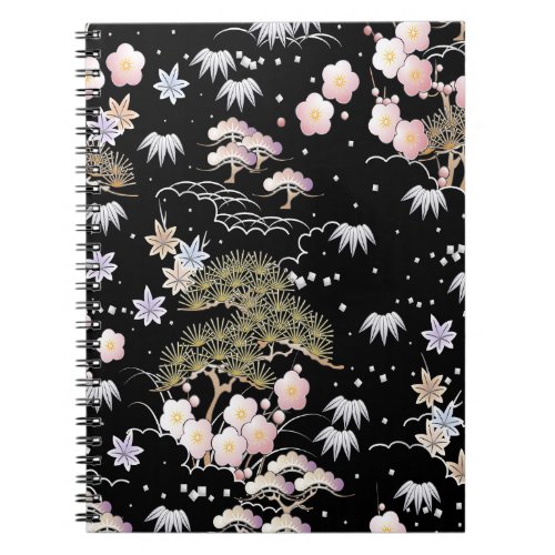 Black Pink Cherry Blossom Elegant Floral Pattern Notebook