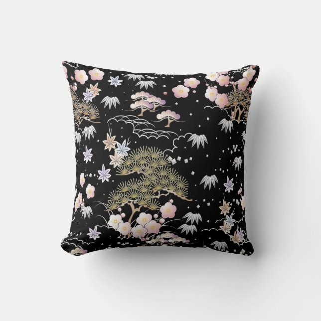 Black Pink Cherry Blossom Elegant Floral Pattern Throw Pillow (Front)