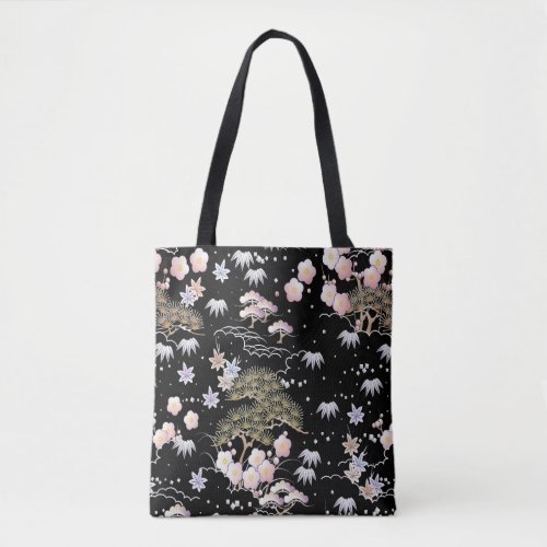 Black Pink Cherry Blossom Elegant Floral Pattern Tote Bag