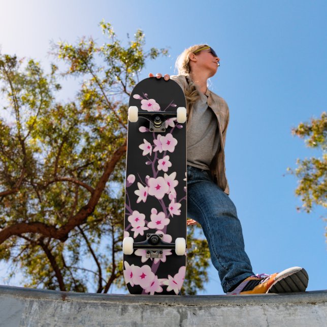 Black Pink Cherry Blossom Floral Cute Skateboard | Zazzle