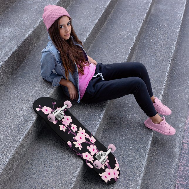 Black Pink Cherry Blossom Floral Cute Skateboard (Creator Uploaded)