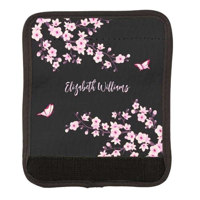 Black Pink Cherry Blossom Monogram Luggage Handle Wrap (Front)