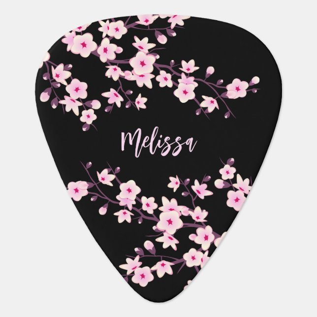 Black Pink Cherry Blossoms Monogram Guitar Pick (Front)