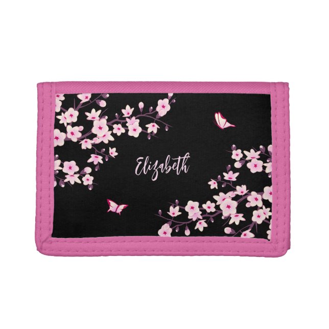 Black Pink Cherry Blossoms Monogram Trifold Wallet (Front)