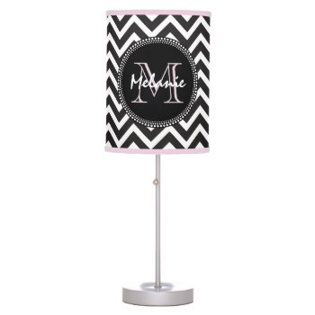 Black Pink Chevron Daughter's Room Chic Monogram Table Lamp by VillageDesign at Zazzle