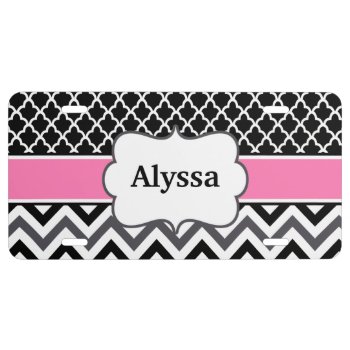 Black Pink Chevron Quatrefoil Personalized License Plate by mybabytee at Zazzle