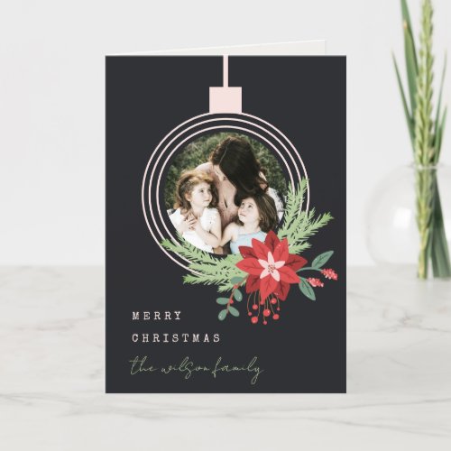Black Pink Christmas Ornament Photo Poinsettia Holiday Card