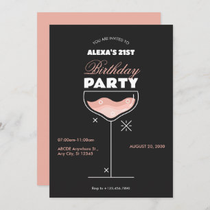 Black pink cocktail glass birthday Invitation