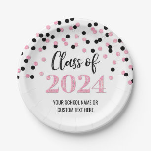 Black Pink Confetti Graduation 2024 Paper Plates