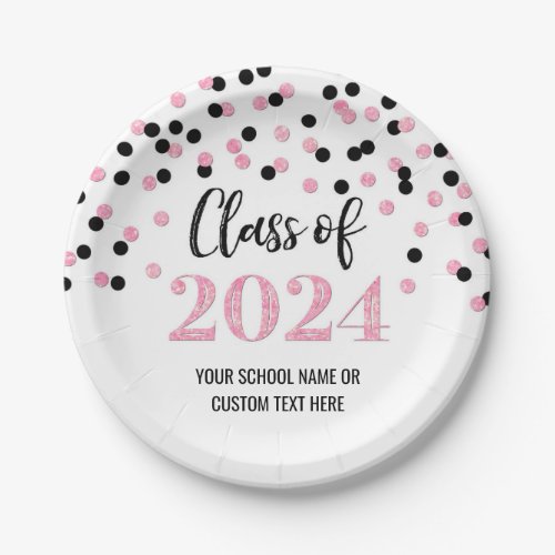 Black Pink Confetti Graduation 2024 Paper Plates