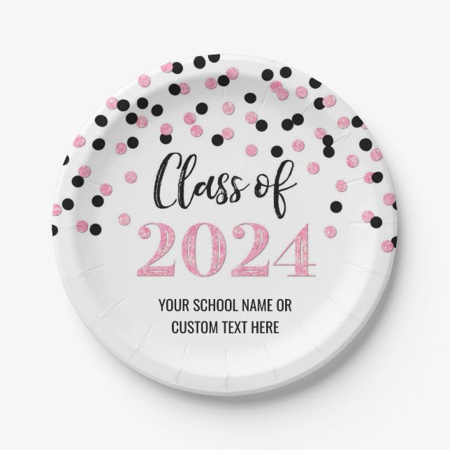 Black Pink Confetti Graduation 2024 Paper Plates (Front)