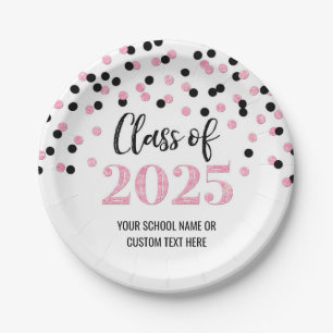 Black Pink Confetti Graduation 2025 Paper Plates