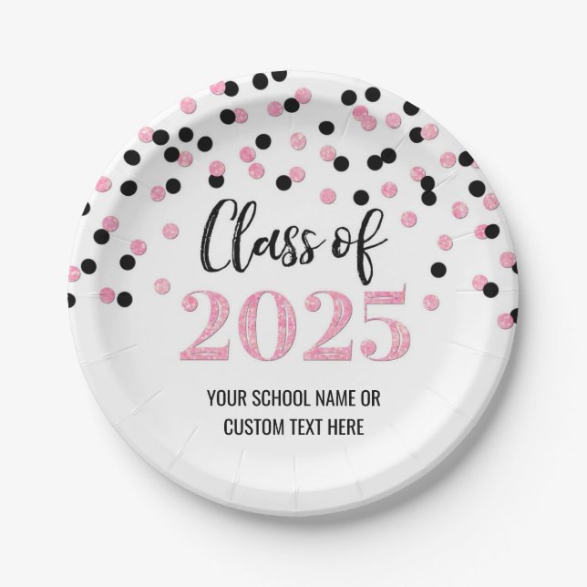 Black Pink Confetti Graduation 2025 Paper Plates (Front)