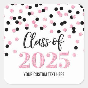 Black Pink Confetti Graduation 2025 Square Sticker