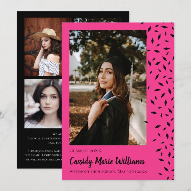 Black Pink Confetti Graduation Announcement (Front/Back)