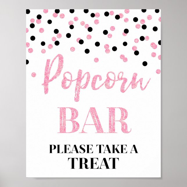 Black Pink Confetti Popcorn Bar Sign (Front)