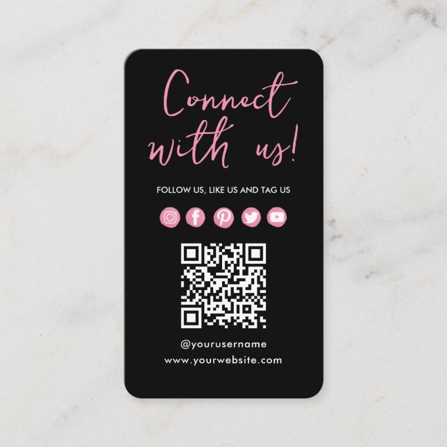 Black Pink Connect With Us Social Media QR Code Business Card (Front)