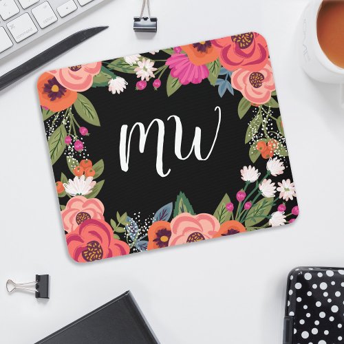 Black Pink Coral Boho Flower Frame Monogrammed Mouse Pad