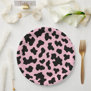 Black & Pink Cow Cowhide Print Birthday Party Paper Plates