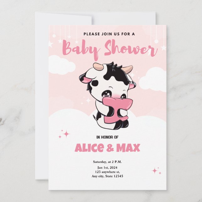 Black Pink Cow White Cloud Baby Shower  Invitation (Front)