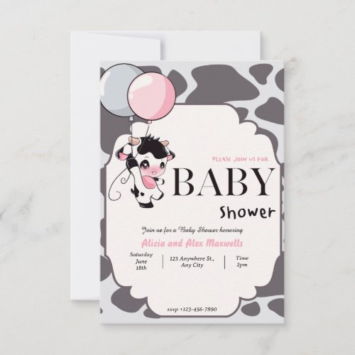 Black Pink Cow with Balloon baby shower invitation