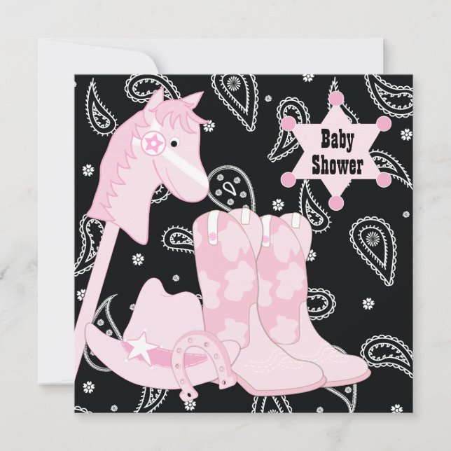 Black Pink Cowgirl Baby Shower Invitations (Front)