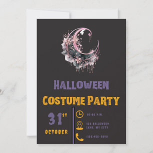 Black & Pink Crescent Moon Modern Black Halloween Invitation