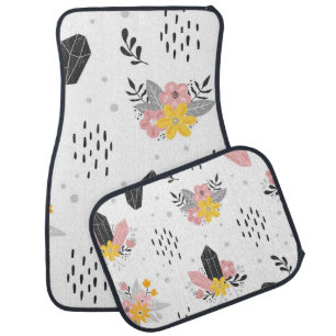 Black, pink crystals, floral seamless. car floor mat