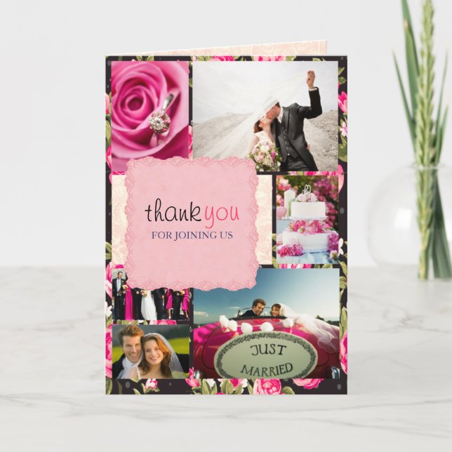Black & Pink Custom Photos Wedding Thank You Card (Front)