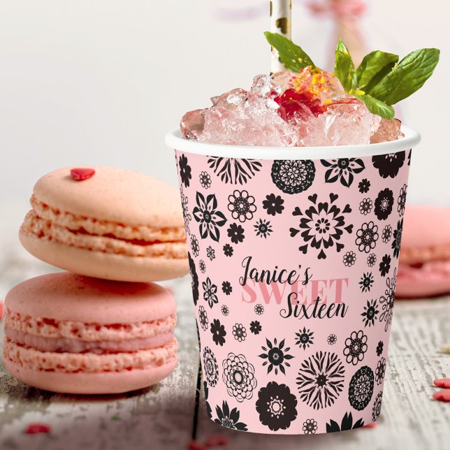 Black Pink Cute Floral Sweet 16 Personalized Name Paper Cups (Creator Uploaded)