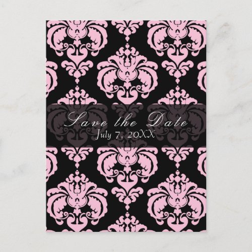 Black  Pink Damask Chic Wedding Save the Date Announcement Postcard