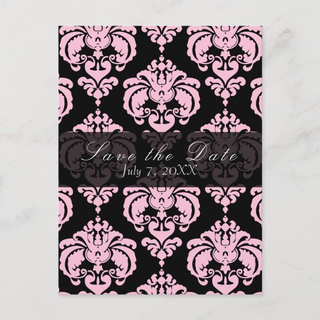 Black & Pink Damask Chic Wedding Save the Date Announcement Postcard (Front)