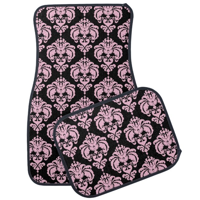 Black & Pink Damask Modern Trendy Pattern Glam Car Mat (Set)