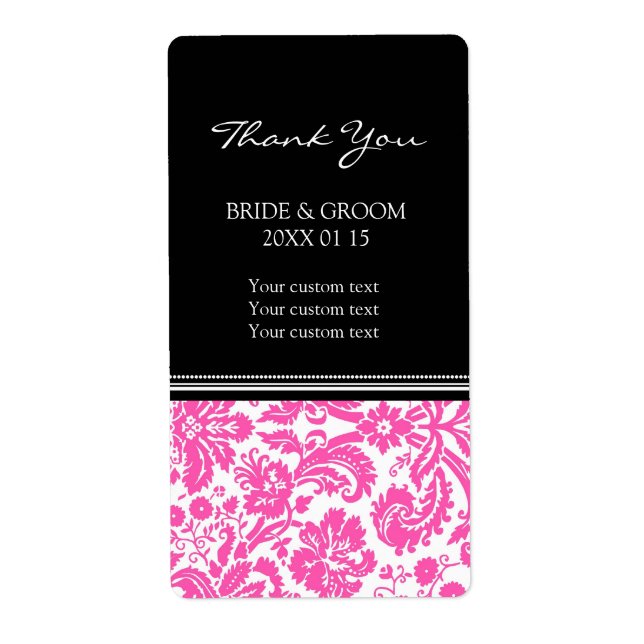 Black Pink Damask Pattern Wedding Labels (Front)