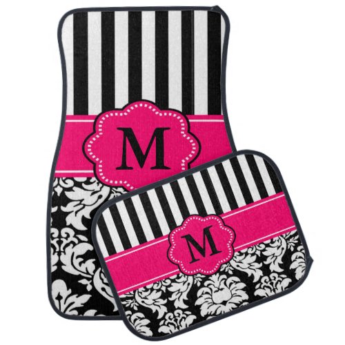 Black Pink Damask Stripe Monogram Car Mat