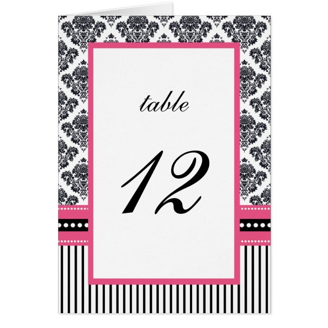 Black & Pink  Damask Stripes Wedding Table Number (Front)
