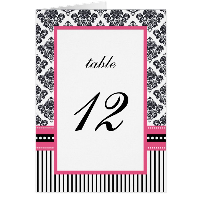 Black & Pink  Damask Stripes Wedding Table Number Cards