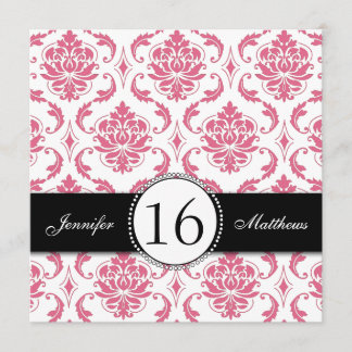 Black Pink Damask Sweet Sixteen Invitations